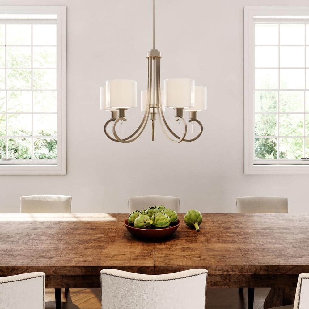 Invite Collection 5-Light Brushed Nickel White Silk Mylar Shade New Traditional Chandelier Light price history on PriceWatchPro