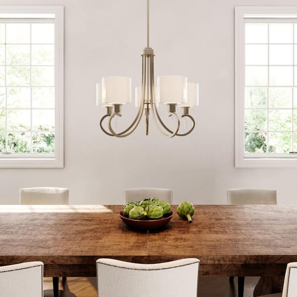 Invite Collection 5-Light Brushed Nickel White Silk Mylar Shade New Traditional Chandelier Light