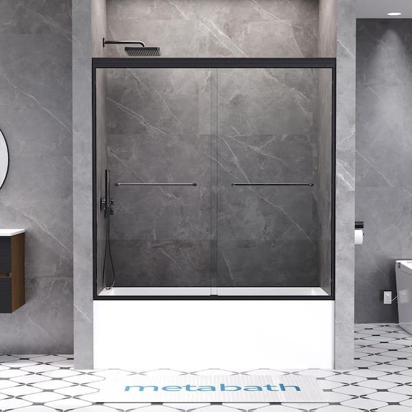 56 to 60 in. W x 60 in. H Semi Frameless Double Sliding Tub Door in Matte Black with 5/16 in. Tempered Clear Glass