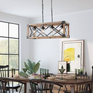 Modern Farmhouse Wood Island Chandelier, 4-Light Rustic Hammered Black Rectangular Pendant Light with Clear Glass Shades