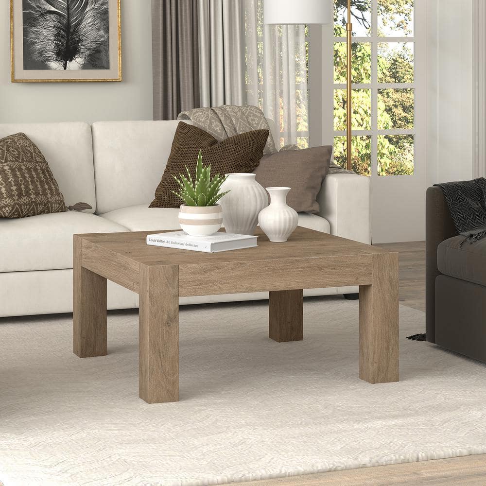 Antiqued Gray Oak Square MDF Coffee Table, 34 Inch