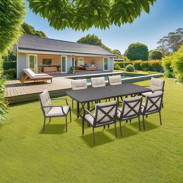 RUIZI AluLux 9-Piece Dark Brown Aluminum Outdoor Dining Set with Rectangular Table and Beige Cushions