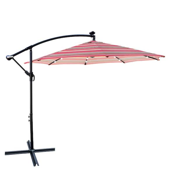 Unbranded 10 ft. Outdoor Steel Patio Umbrella Cantilever Solar Powered LED Lighted Sun Umbrella in Red Striped