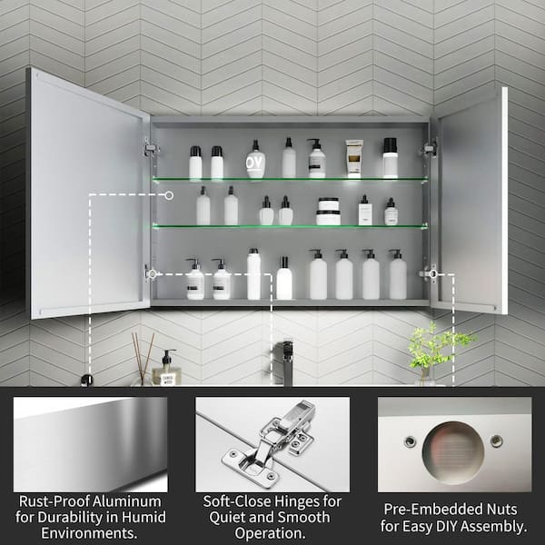 36 in. W x 24 in. H Rectangular Silver Aluminum Recessed/Surface Mount Medicine Cabinet with Mirror and Soft-Close Door