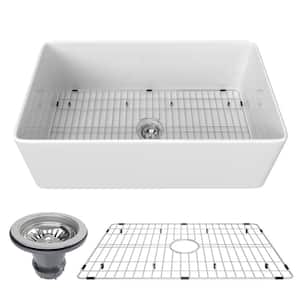 White Ceramic 33 in. Single Bowl Farmhouse Apron Kitchen Sink with Bottom Grid