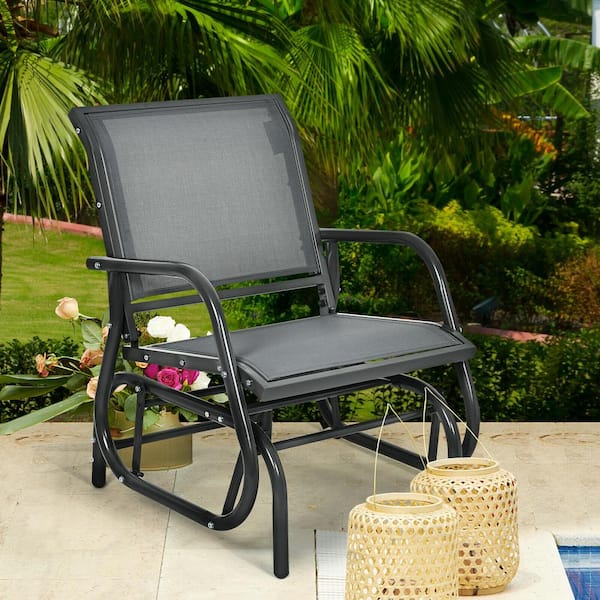 Metal Single Swing Glider Outdoor Rocking Chair with Armrest in Gray