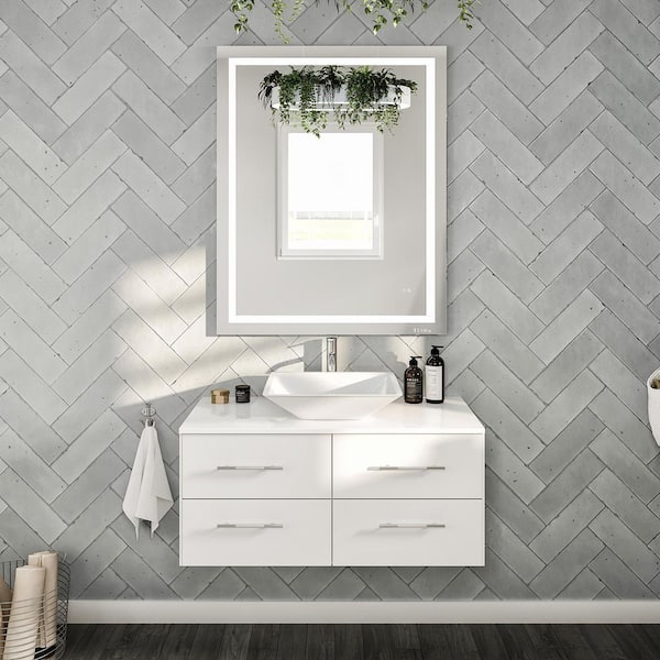 Eviva Wave 36 in. Single Sink Floating White Bath Vanity with White Quartz Top (Assembled)