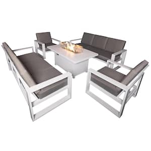 Aluminum Patio Conversation Set with Gray Cushion, White 55.12 in. Fire Pit Table Sofa Set - 2 Armchair+2x3Seater
