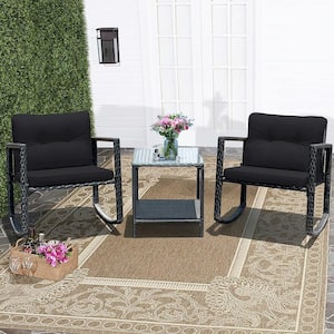 3-Piece Patio Rattan Furniture Set Rocking Chairs Black Cushioned Sofa