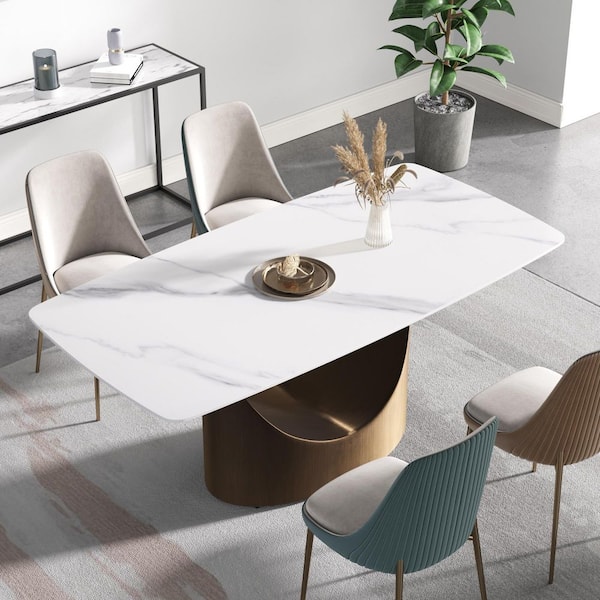 Magic Home 70.87 in. White Sintered Stone Rectangle Top Pedestalh Bronze Carbon Steel Legs Dining Table (Seats 6)