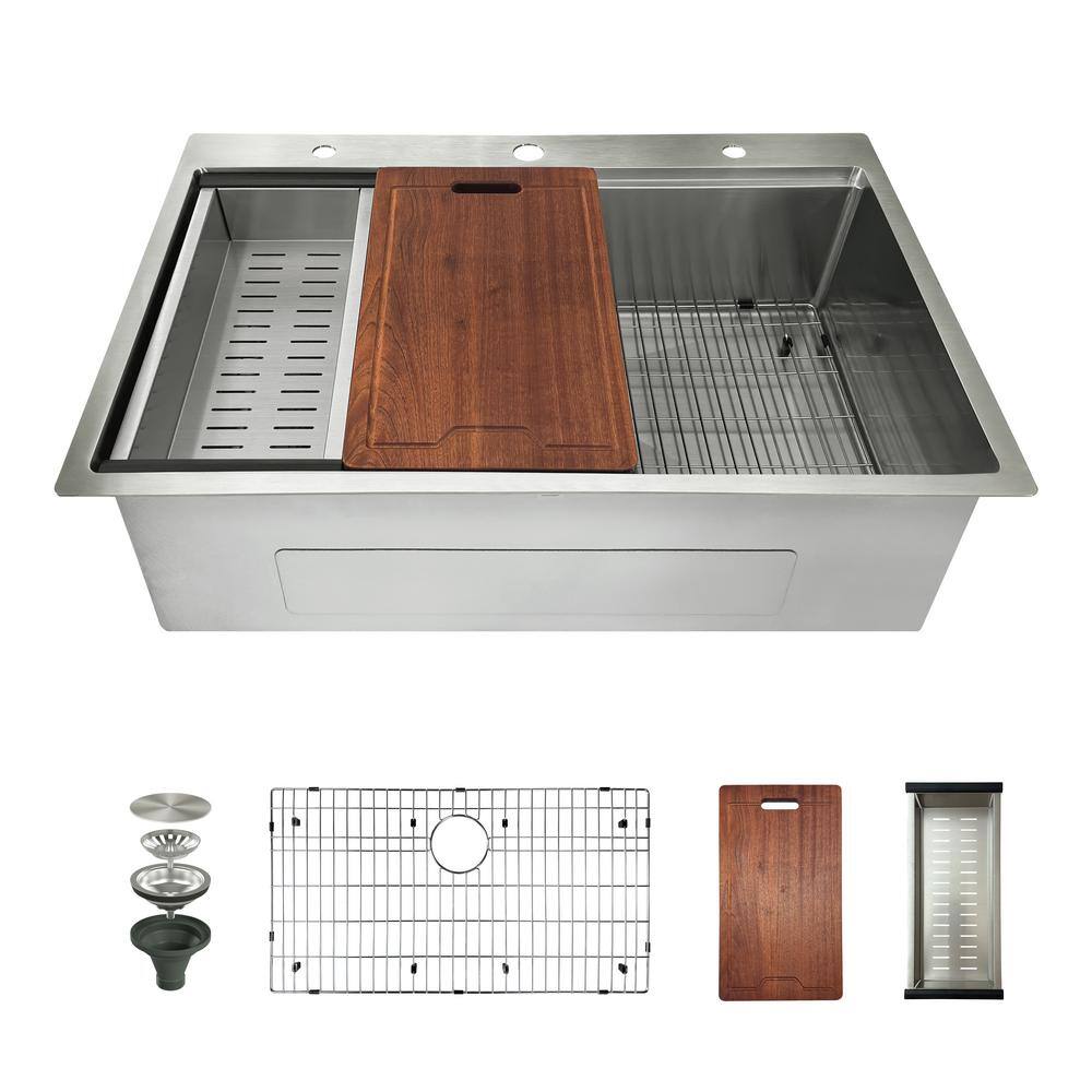 33'' Brushed Stainless Steel Single Bowl Drop-In Workstation Sink