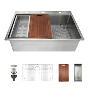 33 in. Drop-in 3-Hole Single Bowl 16-Gauge Brushed Stainless Steel Ledge Workstation Kitchen Sink with Accessories