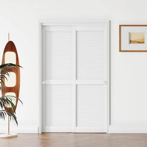 48 in. x 80 in. White Louver MDF Sliding Door Panel with Handle, Hardware Track Kit and Floor Guide, Finished Doors