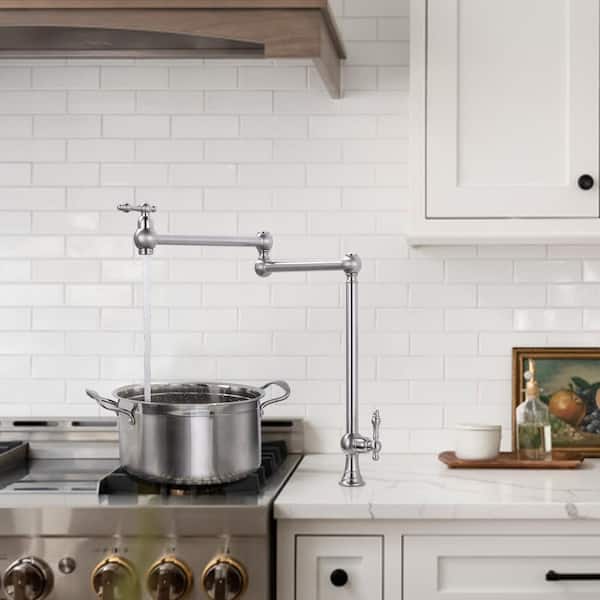 Antique Brushed Nickel Deck Mount Pot Filler Faucet, Solid Brass Pot Filler with Double Stretchable Joint Swing Arm