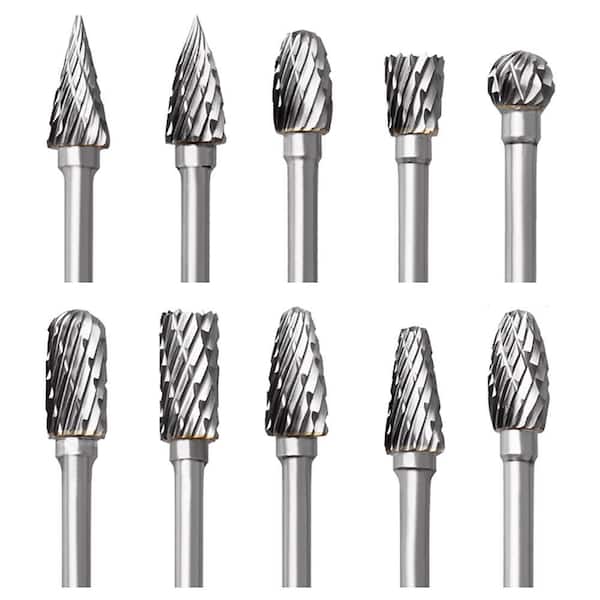 10-Pieces Tungsten Carbide Rotary Burr Set Double Cut Carving Bits 1/8 in. Shank for Engraving Drilling Steel Metal