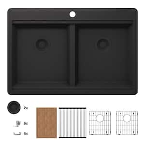 Stonehaven 33 in. Drop-In 50/50 Double Bowl Black Onyx Granite Composite Workstation Kitchen Sink with Black Strainer