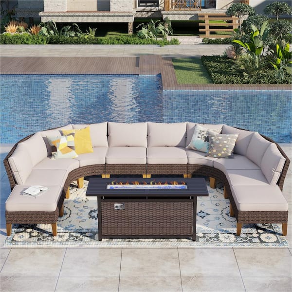 PHI VILLA Brown Rattan Wicker 10-Seat 11-Piece Steel Outdoor Fire Pit Patio Set with Beige Cushions and Rectangular Fire Pit Table