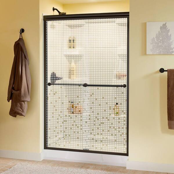 Delta Silverton 48 in. x 70 in. Semi-Frameless Traditional Sliding Shower Door in Bronze with Mozaic Glass