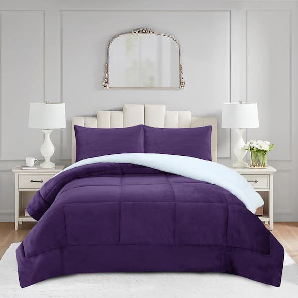 MarCielo MEB516 Purple Plaid King Size Polyester Soft Plush Sherpa Comforter Set