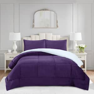 MEB516 Purple Plaid Queen Size Polyester Soft Plush Sherpa Comforter Set