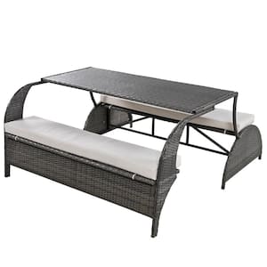 Gray Wicker Outdoor Loveseat with Beige Cushion, Convertible to four seats and a table