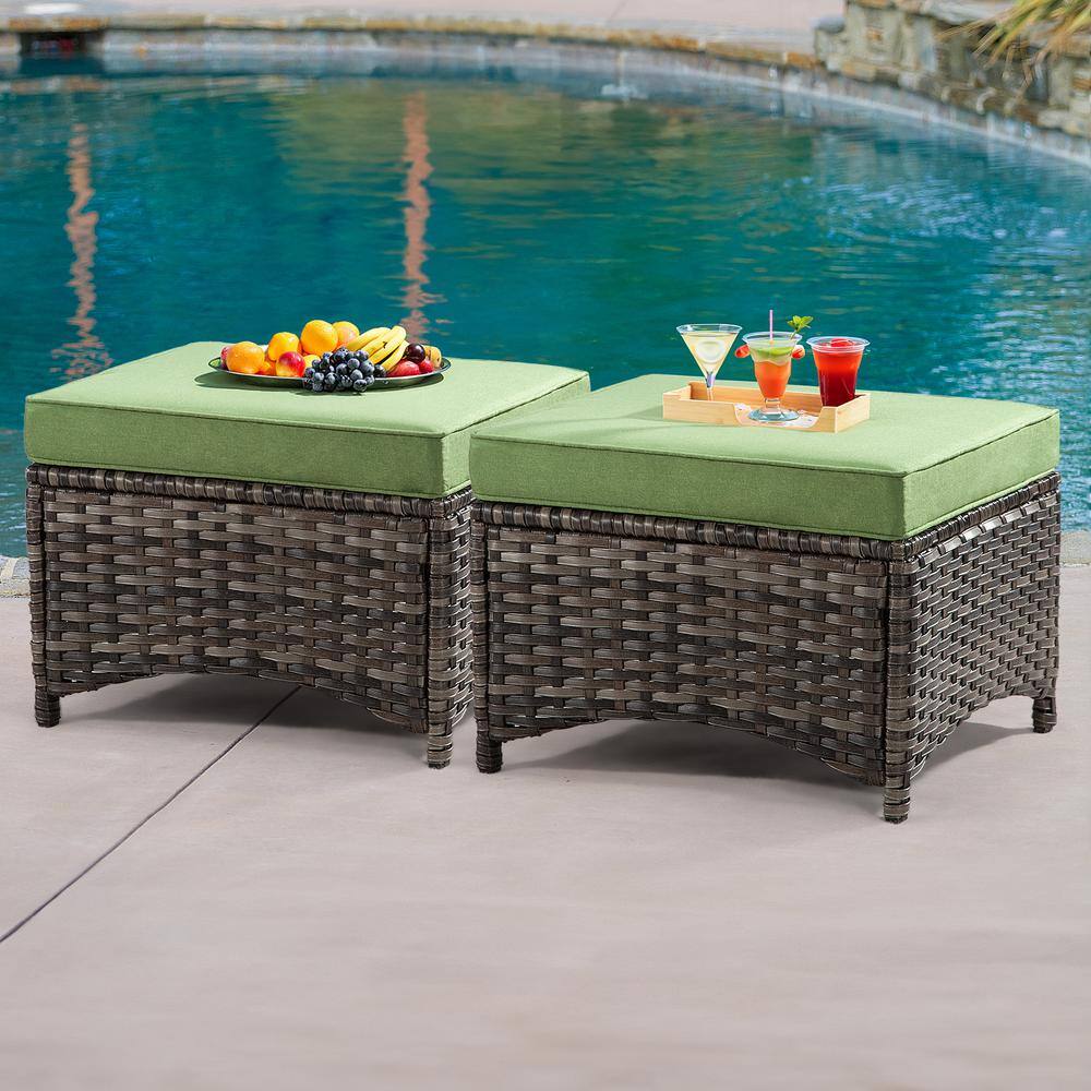 Gardenbee Wicker Outdoor Patio Ottoman with Green Cushions (Set of 2