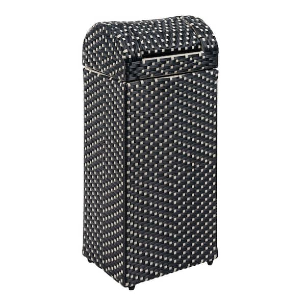 Darla 14.27 Gal. All-Weather Wicker/Metal Swing Top Lid Hideaway Outdoor Trash Can, Dark Navy/White