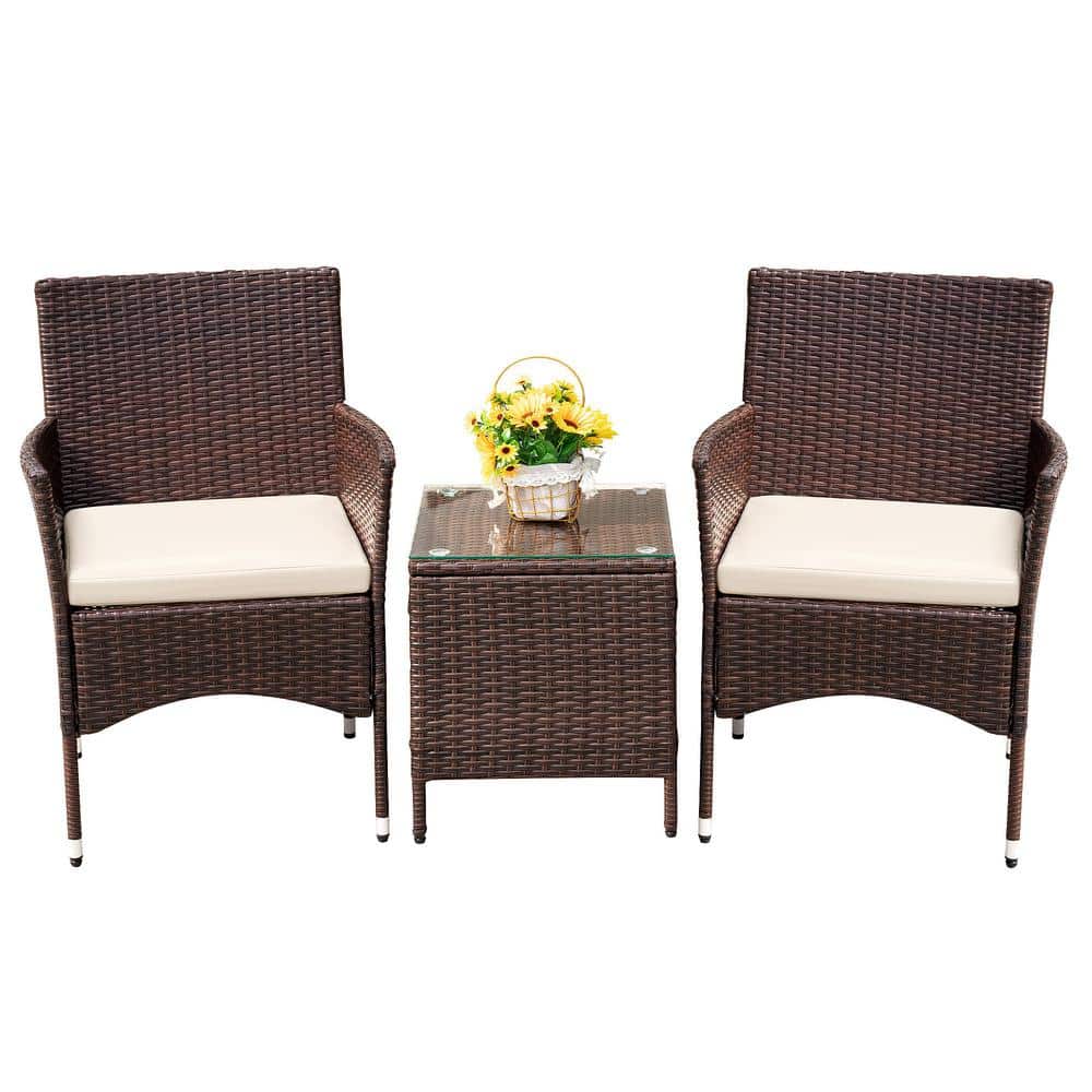 3-Piece Outdoor PE Rattan Wicker Patio Conversation Set, Garden Furniture Sets with Beige Cushions for Lawn, Balcony price history on PriceWatchPro