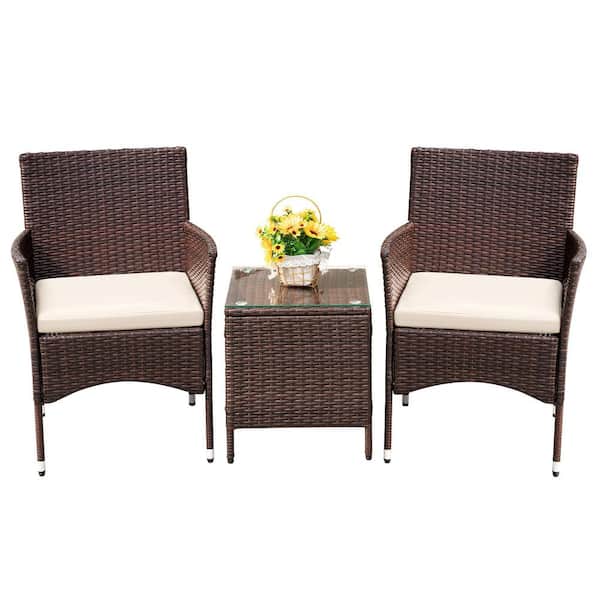 Phewnyzo 3-Piece Outdoor PE Rattan Wicker Patio Conversation Set, Garden Furniture Sets with Beige Cushions for Lawn, Balcony