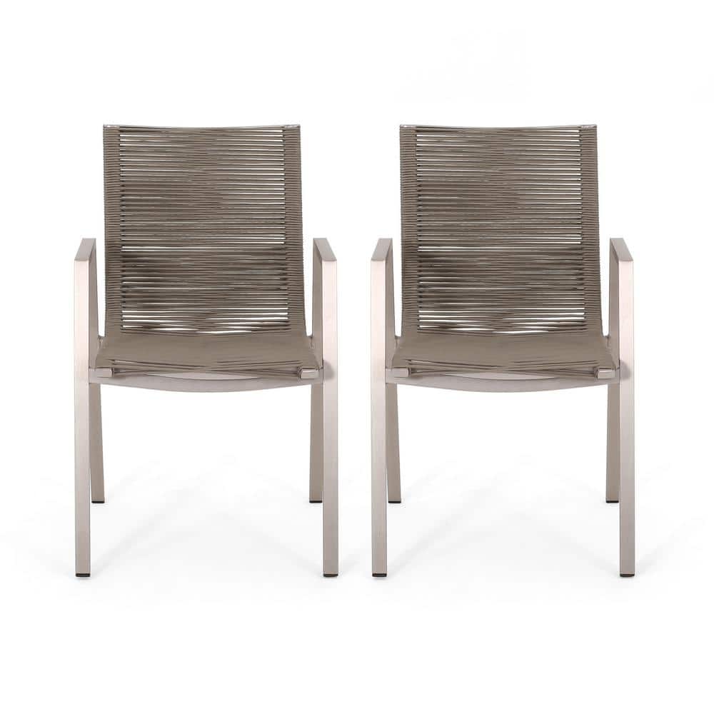 2-Piece Aluminum Outdoor Dining Chair with Rope Seat, Silver and Taupe