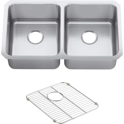 Undertone Preserve Undermount Stainless Steel 32 in. Double Bowl Scratch-Resistant Kitchen Sink Kit with Basin Rack