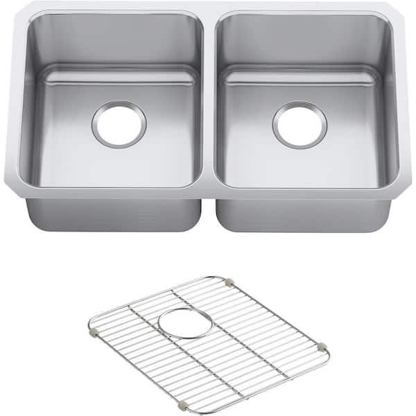 KOHLER Undertone Preserve Undermount Stainless Steel 32 in. Double Bowl Scratch-Resistant Kitchen Sink Kit with Basin Rack
