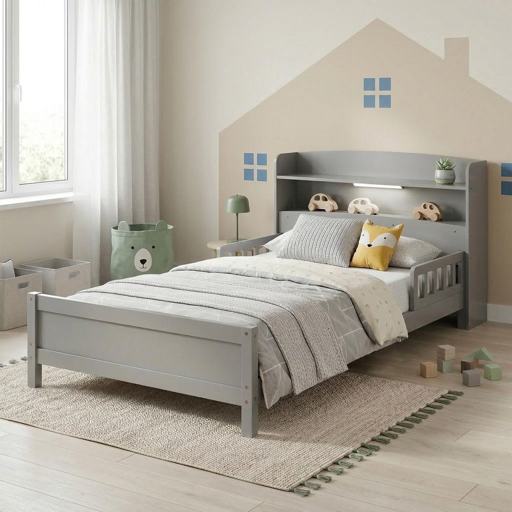 Storag Bed Gray Wood Frame Twin Platform Bed with Bookcase Headboard & LED Light, Kids Bed Frame with Safety Guardrails price history on PriceWatchPro