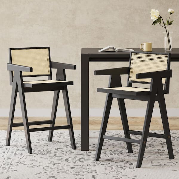 Finley Modern Village 27 in. Black Solid Wood and Natural PE Rattan Bar Stools with Cane Seat, (Set of 2)