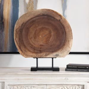 23 in. Brown Wood Handmade Circular Slab Tree Sculpture with Black Metal Base