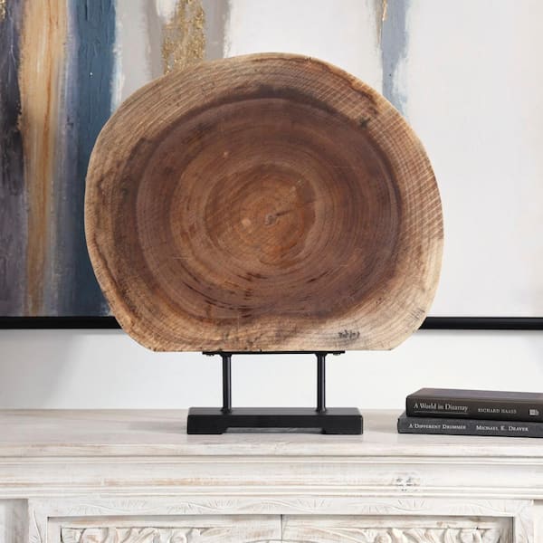 Litton Lane 23 in. Brown Wood Handmade Circular Slab Tree Sculpture with Black Metal Base