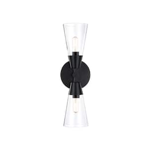 Norro 5.25 in. 2-Light Matte Black Modern Wall Sconce with Clear Glass Shades