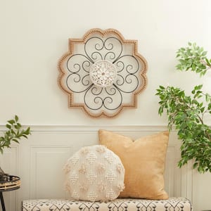 27 in. x  27 in. Wooden Brown Carved Beading Scroll Wall Decor with Metal Accents