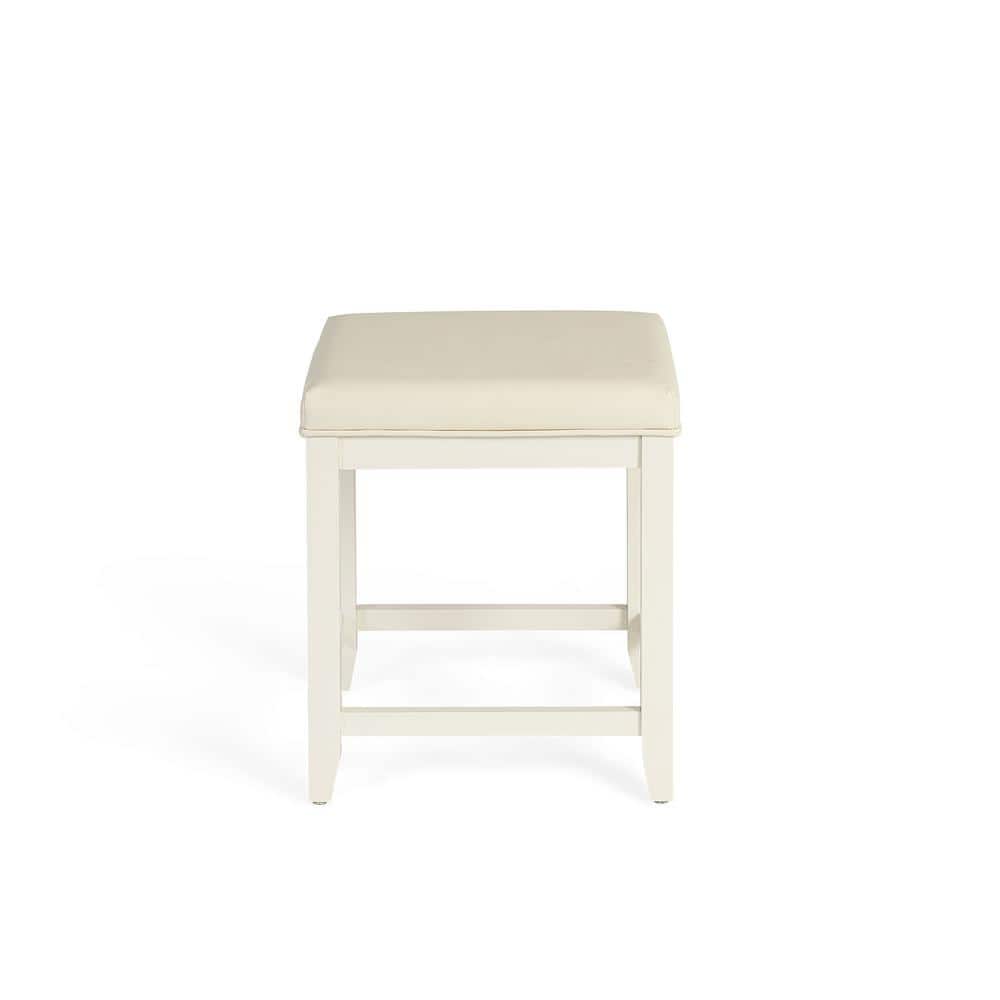 Vista White Solid Pine Wood Vanity Stool with Faux Leather Seat
