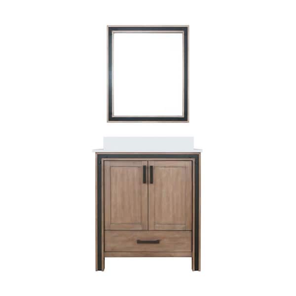 Ziva 30 in W x 22 in D Rustic Barnwood Bath Vanity, White Quartz Top and 28 in Mirror