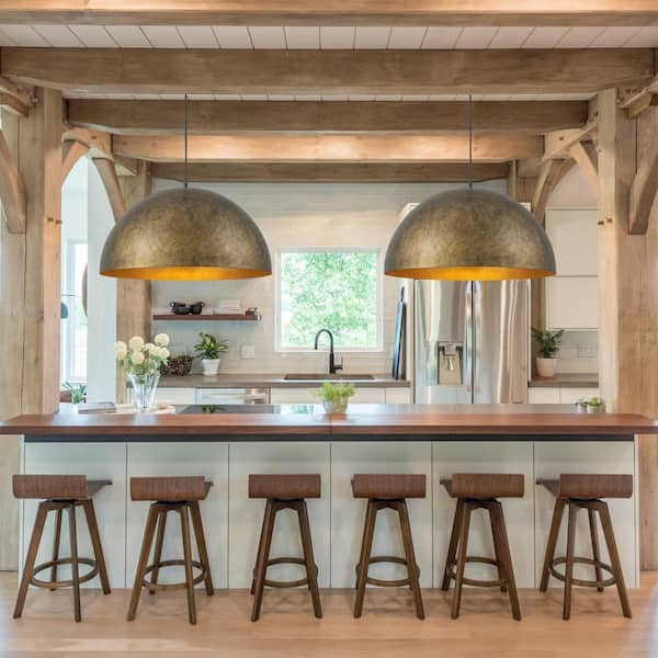 PCover Modern Farmhouse 23.6 in. W 1-Light Dome Pendant Light Antique Brass Industrial Metal Singe Hang Lighting