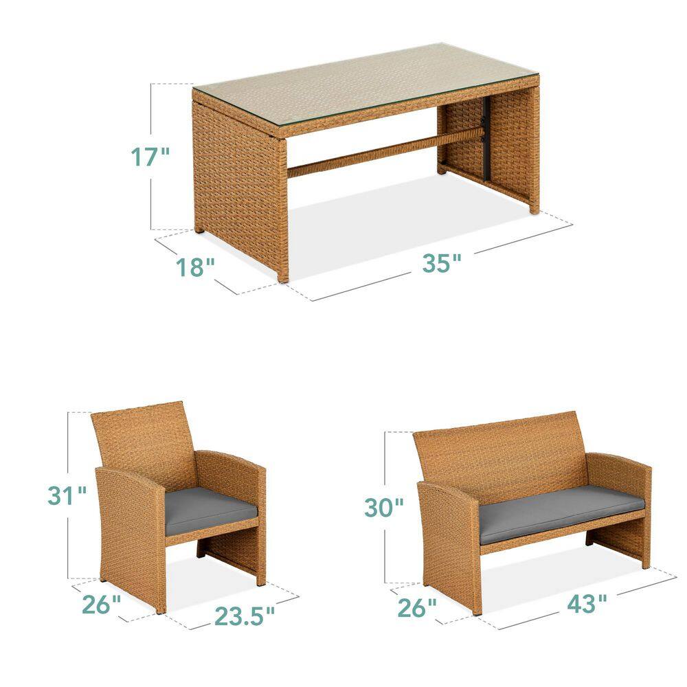 Natural Wicker 4-Piece Patio Conversation Set with Gray Cushions