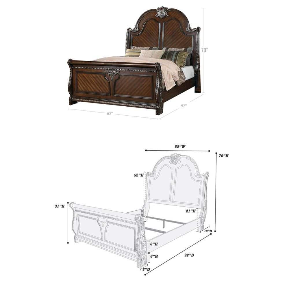 Qoz Dark Walnut Wood Queen Bed with Carved Scalloped Headboard