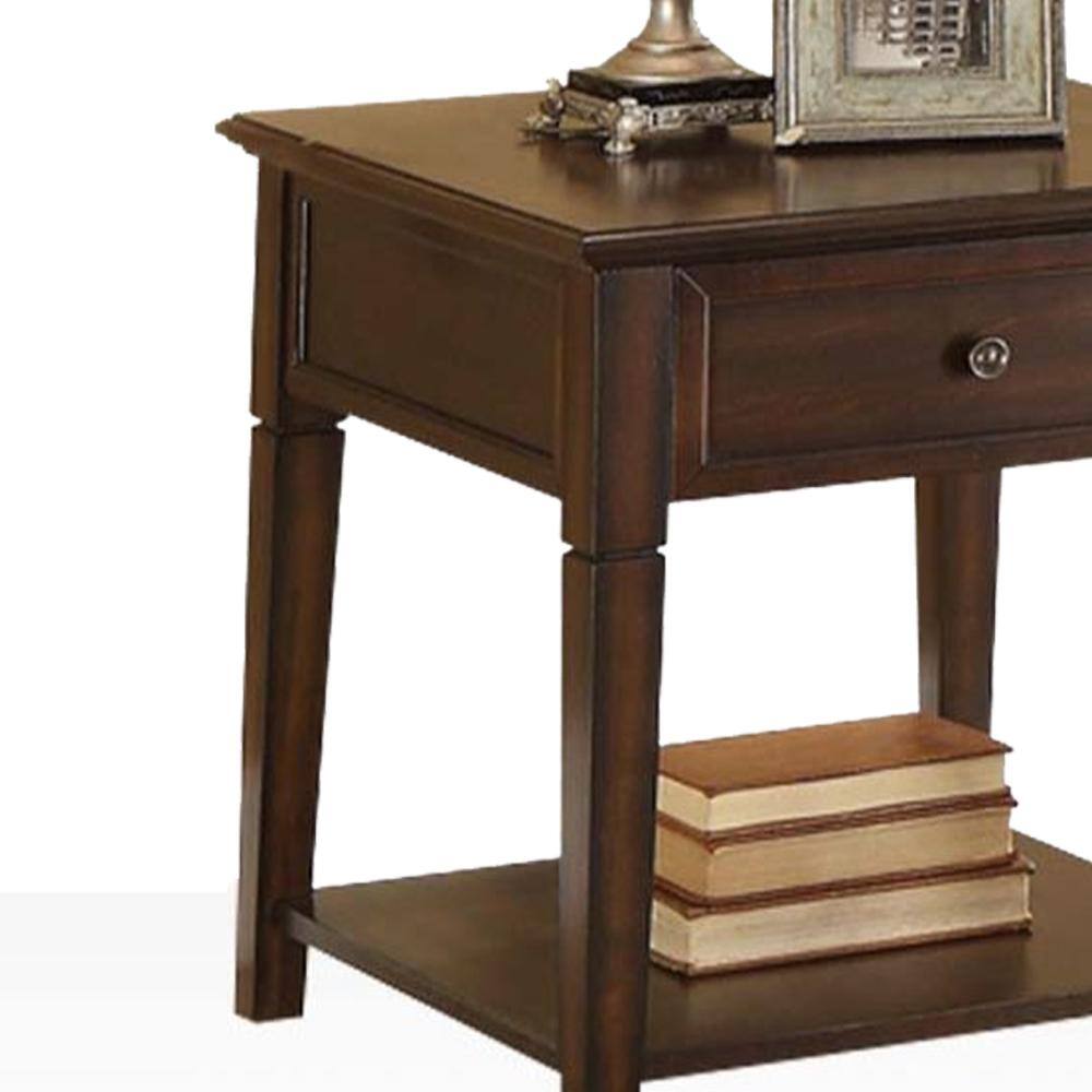 Walnut 24" Wooden End Table with Drawer and Shelf