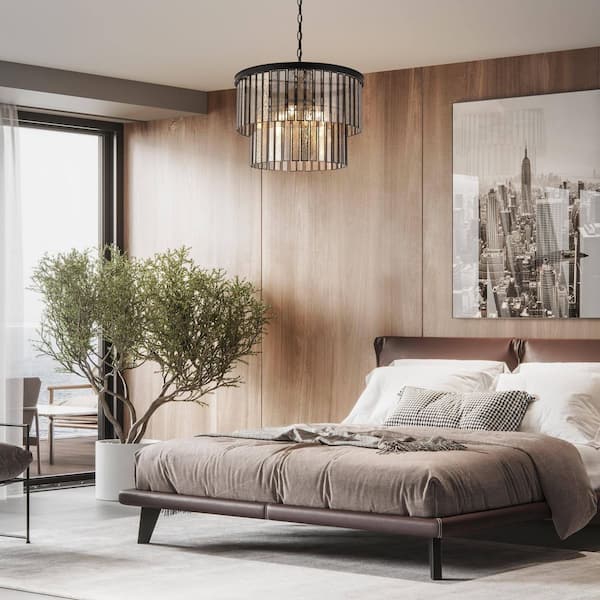 Modern 4-Light Black Drum Chandelier with 2-Tier Colored Glass Shade, Dining Room Living Room Foyer Pendant Light