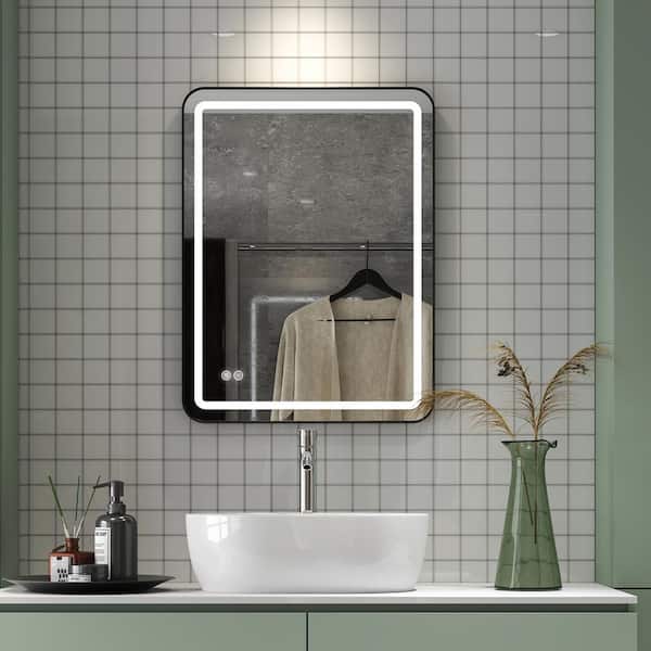 HOROW 28 in. W x 20 in. H Small Rectangular Metal Framed Anti-Fog Dimmable and Vertical Wall Bathroom Vanity Mirror