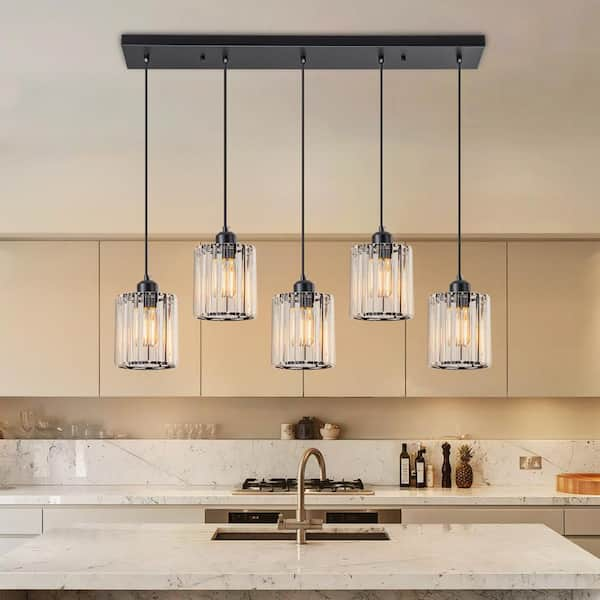 5-Light Matte Black Modern Linear Kitchen Island Light Clear Glass Crystal Hanging Pendant Light