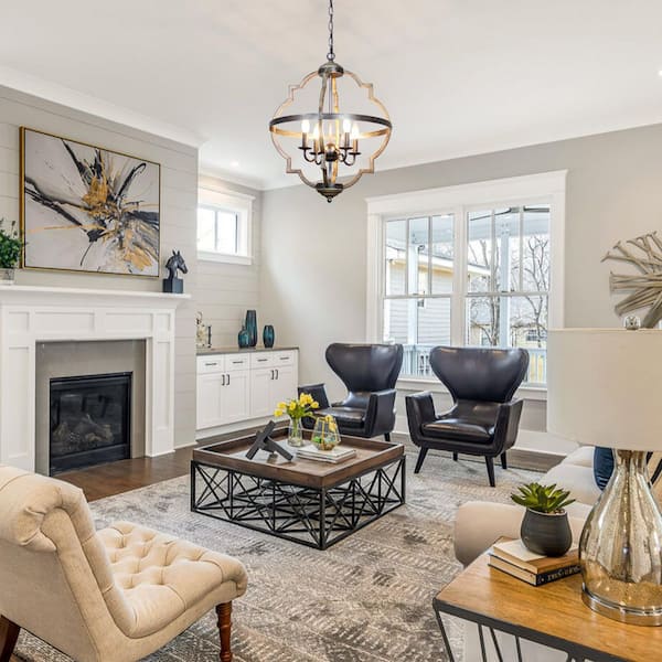 4-Light Distressed Black Farmhouse Globe Cage Candlestick Island Chandelier with Faux Wood Metal Frame