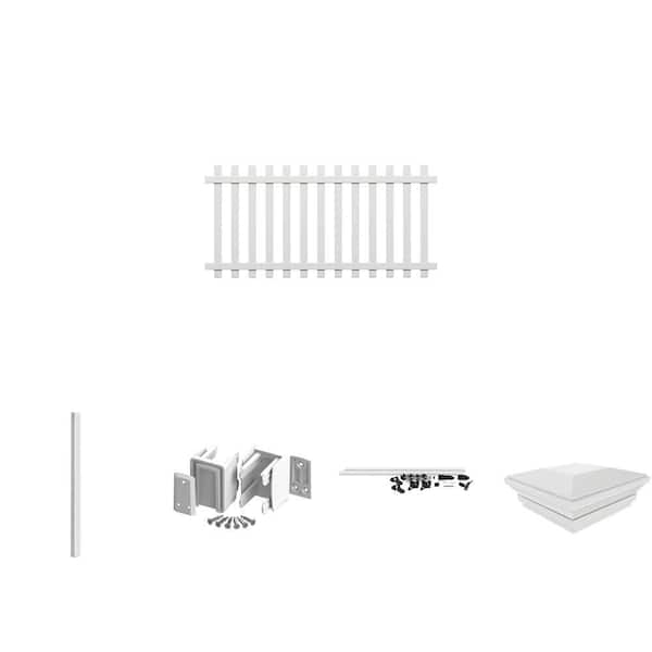 4 ft. H x 8 ft. W Glendale White Picket Vinyl Fence Panel with Gate Kit, Slidelock Brackets, Post and Post Top