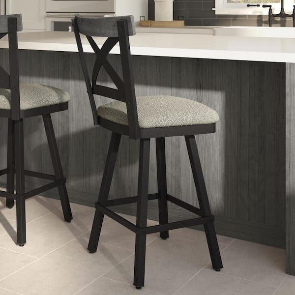 Amisco Snyder 31 in. Light Beige and Grey Boucle Polyester/Black Metal Swivel Bar Stool
